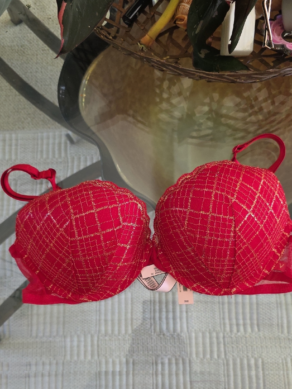 Victoria Secret Lined Demi Bra 36C Red & Gold Lace Underwire Adjustable NWT